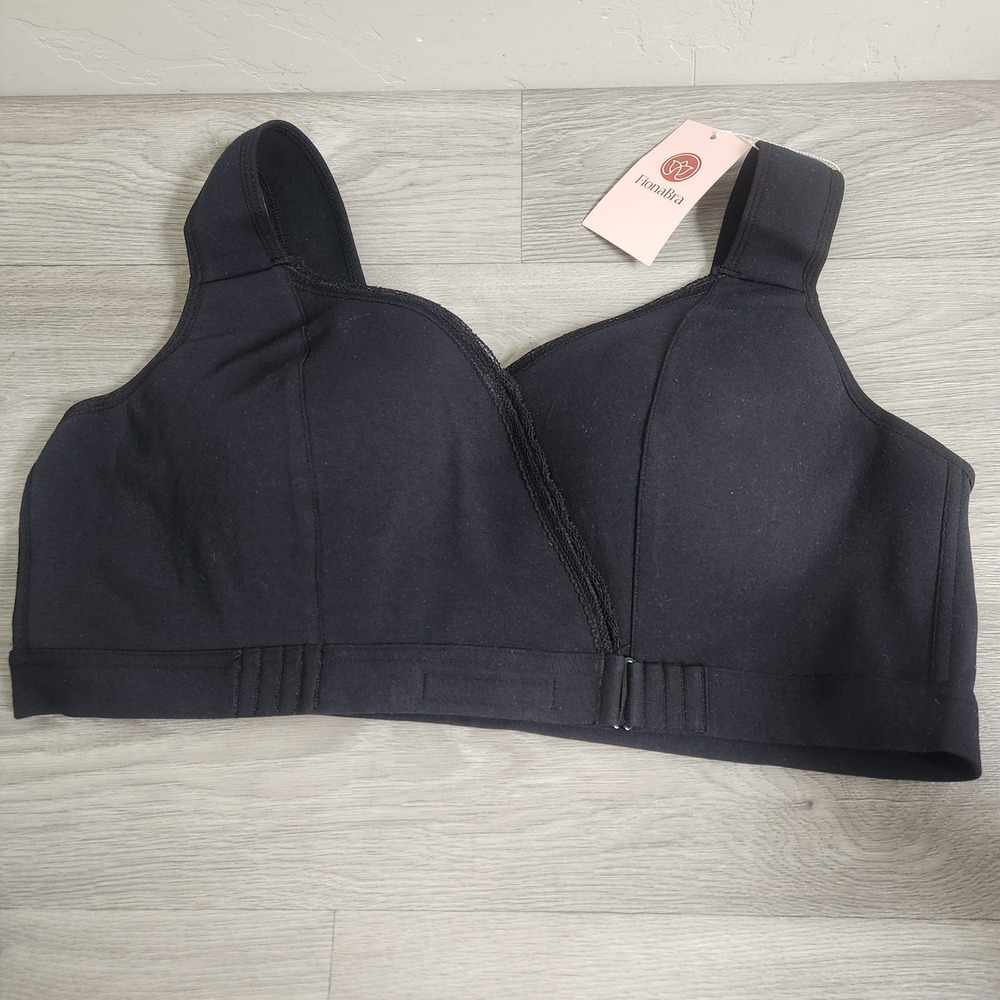 FionaBra Black Wireless Bra 3XL Crossover Lace Trim Front Hook Crossover